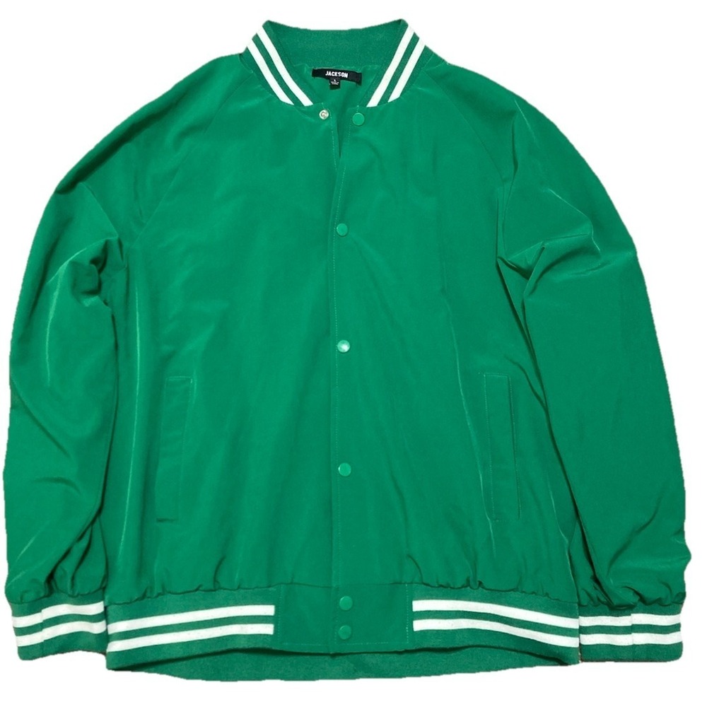 Jackson Men's Green Varsity Jacket Striped Button Accent Band Collar Size L